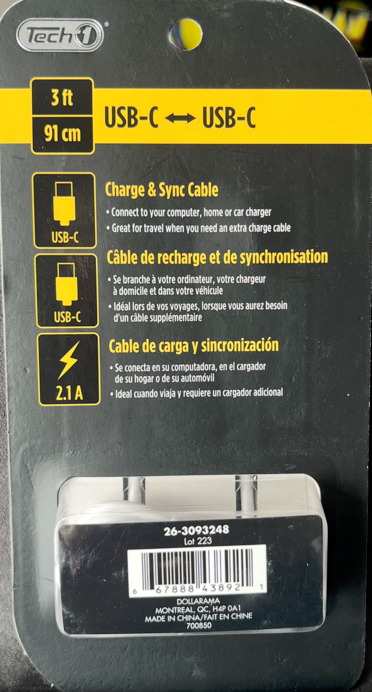 Tech1 Câble charge 3' USB-C USB-C (Blanc)