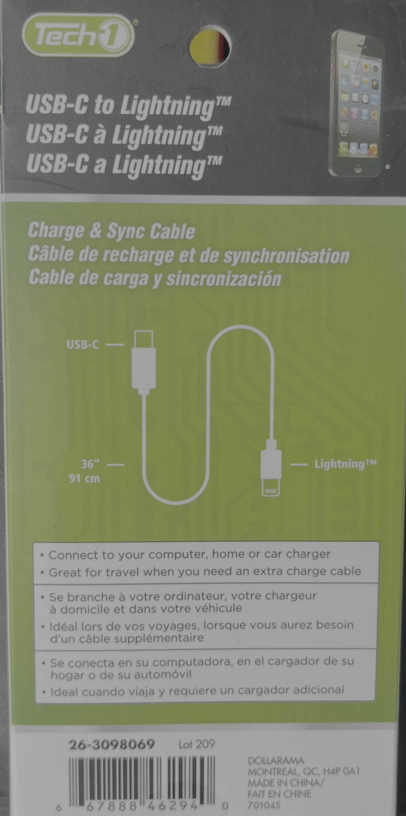 Tech1 Câble charge 36" USB-C Lightning (Blanc)