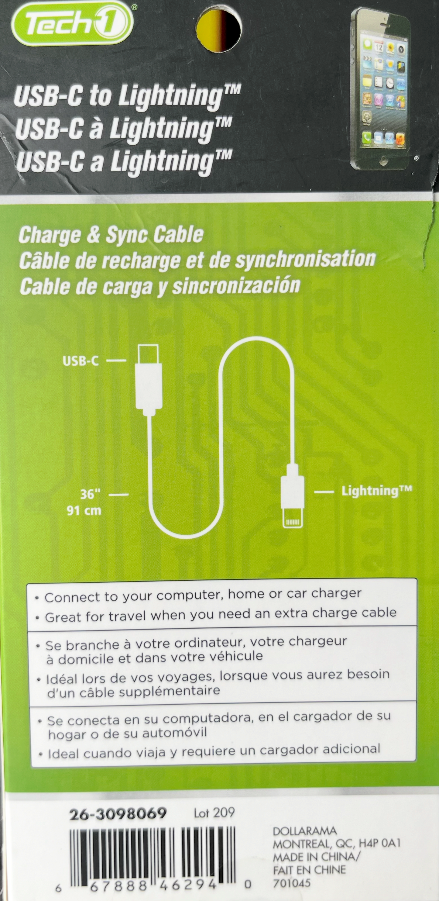 Tech1 Câble charge 36" USB-C Lightning (Noir)