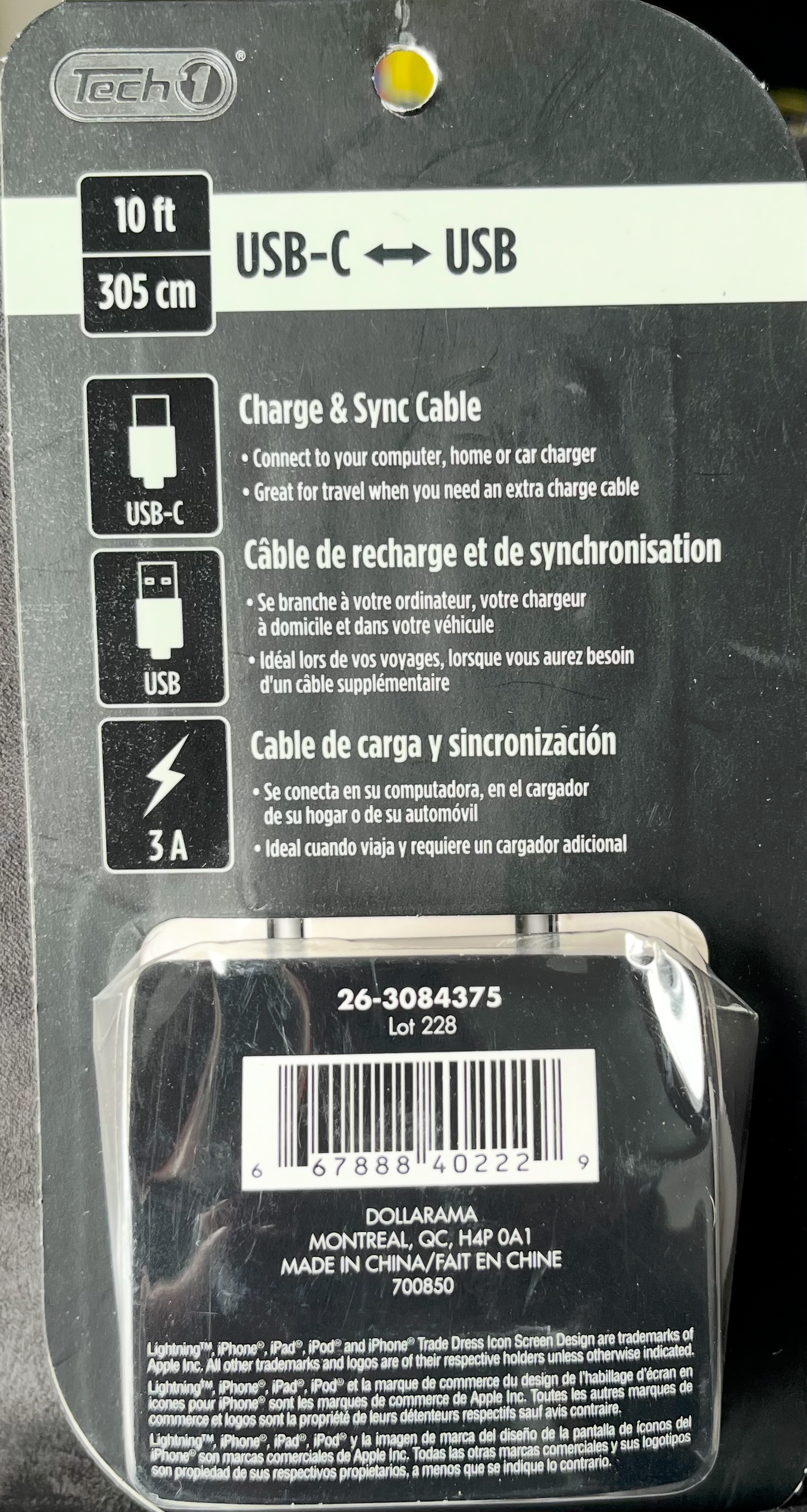 Tech1 Câble charge 10' USB USB-C (Blanc)