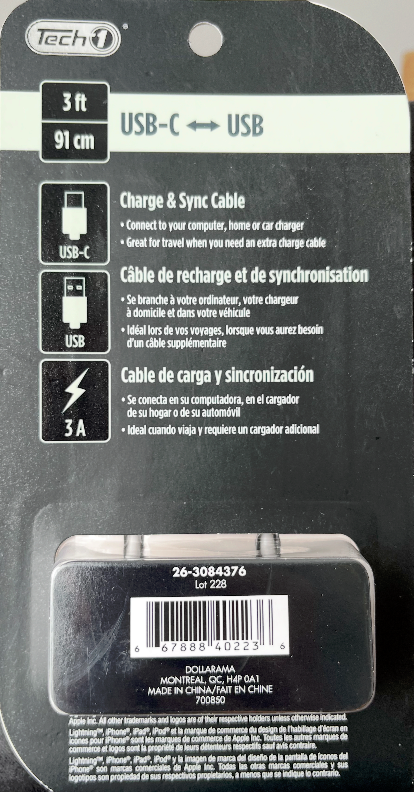 Tech1 Câble charge 3' USB USB-C (Blanc)
