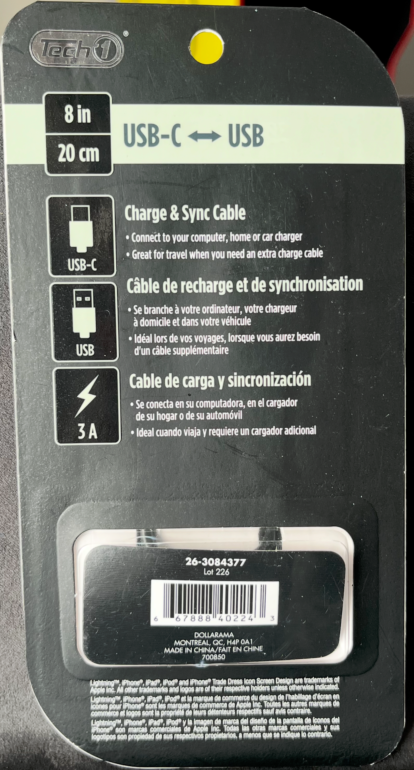 Tech1 Câble charge 8" USB USB-C (Noir)