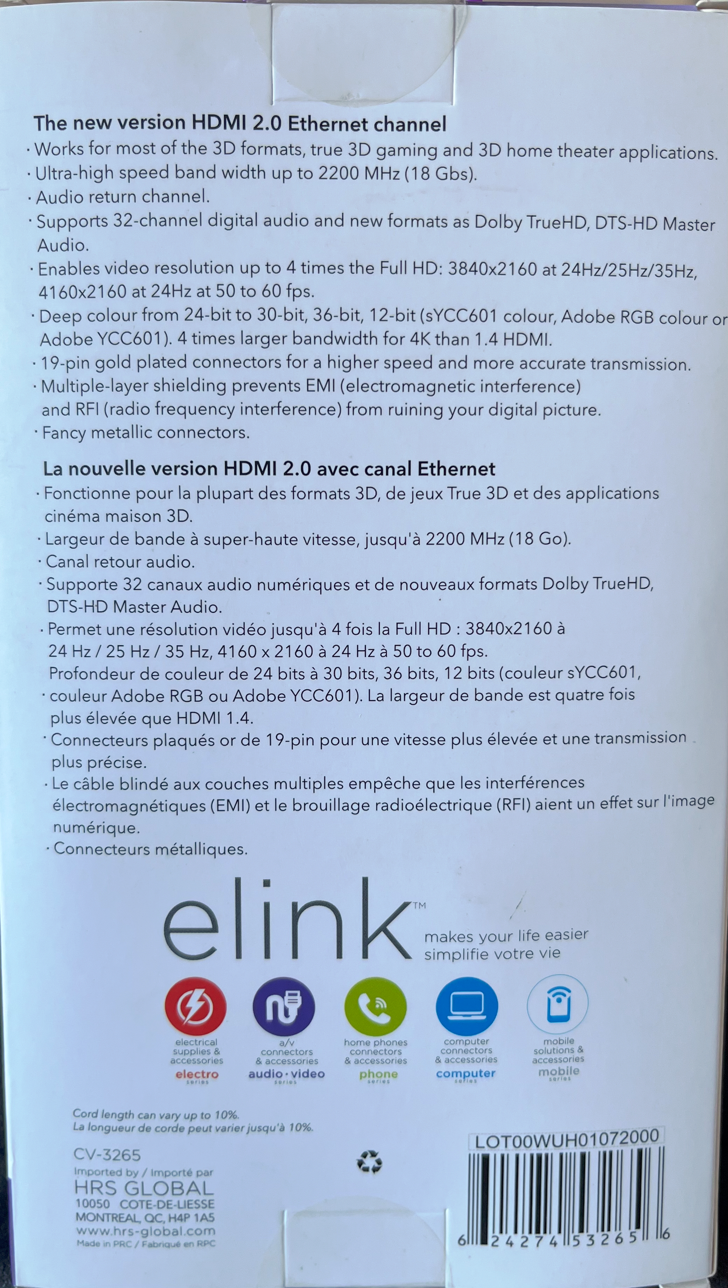 elink Câble HDMI 4K (CV-3265)