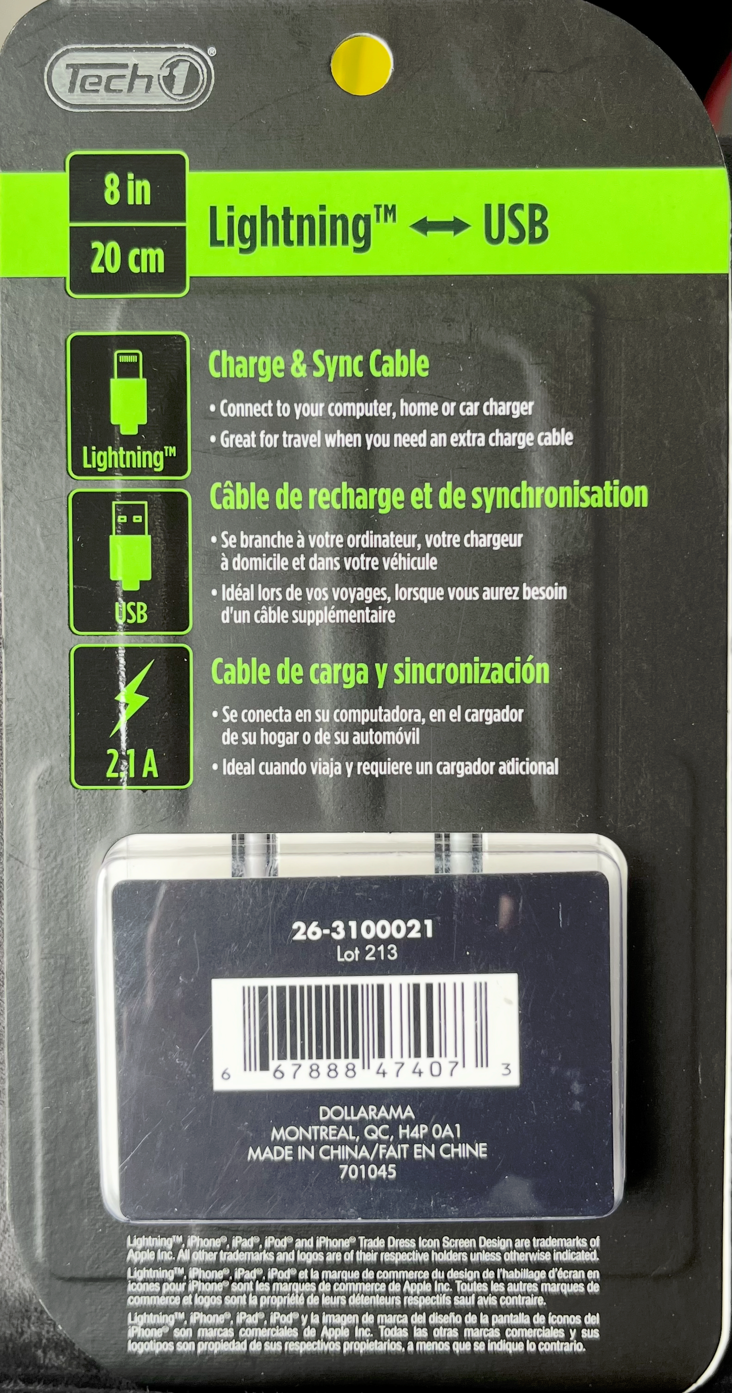 Tech1 Câble charge 8" USB Lightning (Blanc)