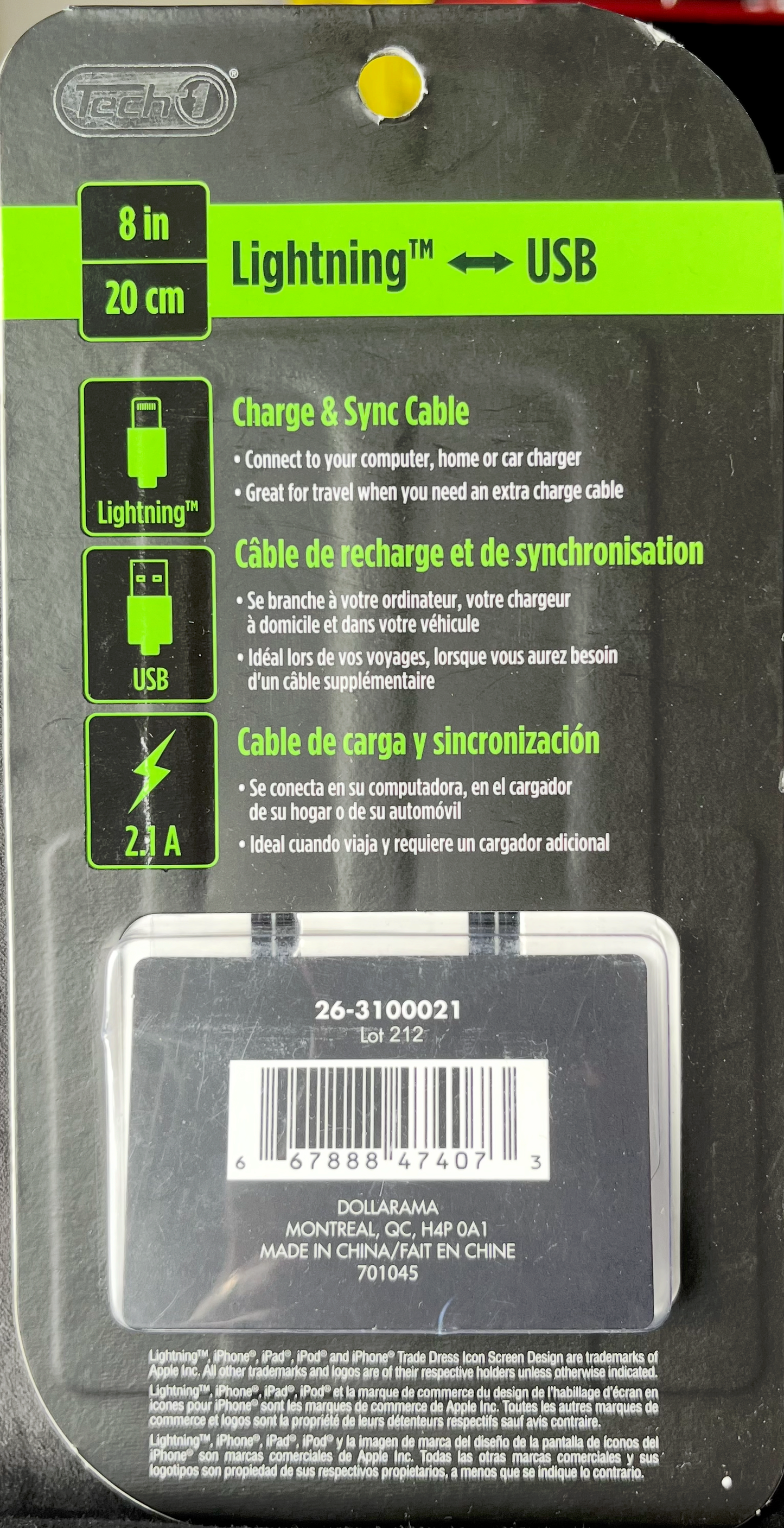Tech1 Câble charge 8" USB Lightning (Noir)
