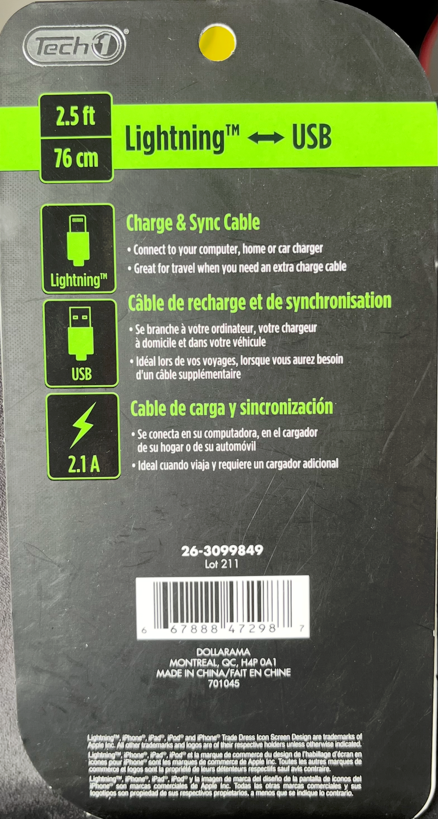 Tech1 Câble charge 2,5' Rétractable USB Lightning (Blanc)