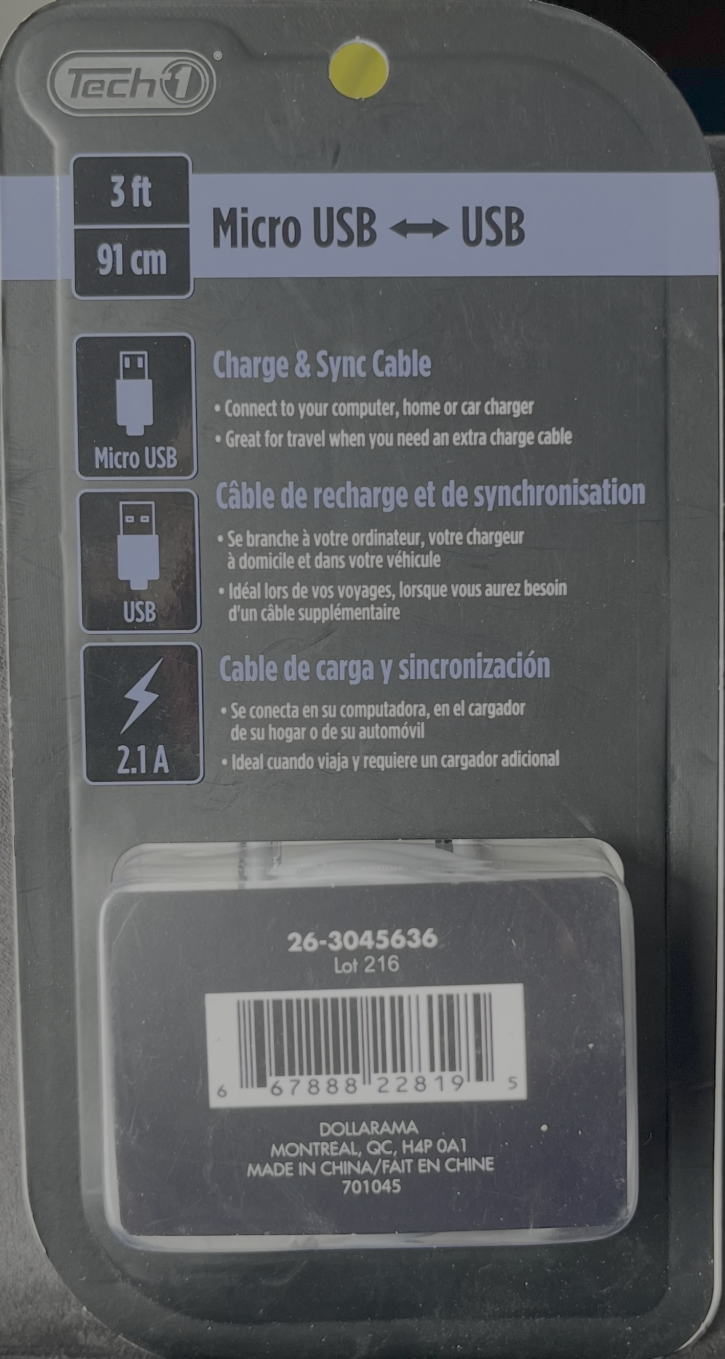 Tech1 Câble charge 3' USB Micro USB (Blanc)